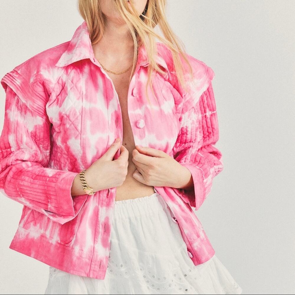 LoveShackFancy Adelade Hibiscus Hand Dye Pink Oversized Quilted Jacket Medium - Picture 9 of 15